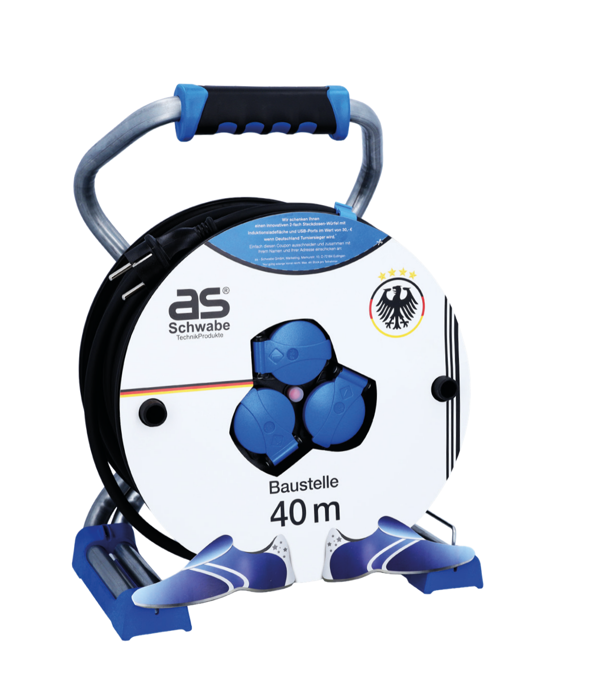 WM‑XPERTS Kabeltrommel – WM‑Edition 2026 (40 m, IP44) inkl. Taschenlampe mit Zoom‑Funktion
